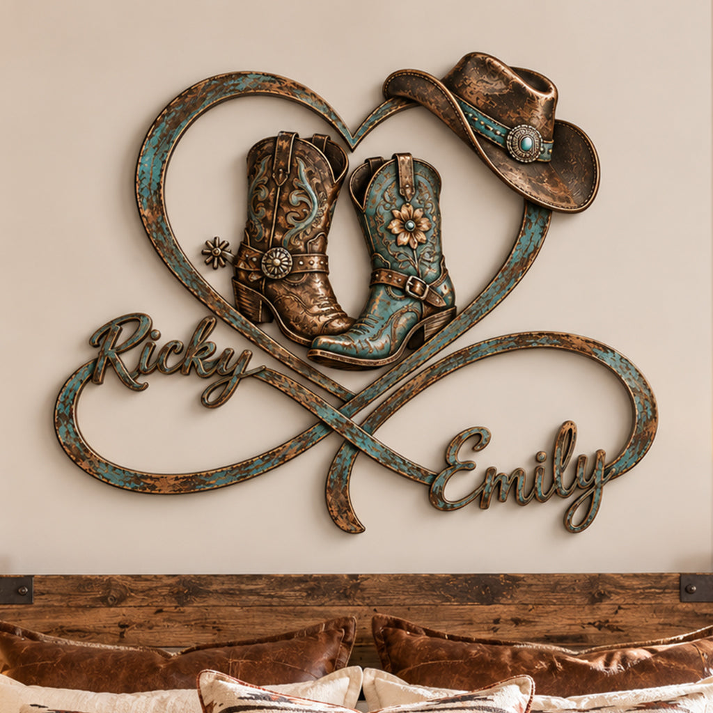 Cowboy & Cowgirl Couple Bedroom Decor, Farmhouse Decor - Personalized Western 3D Printed Cut Metal Sign