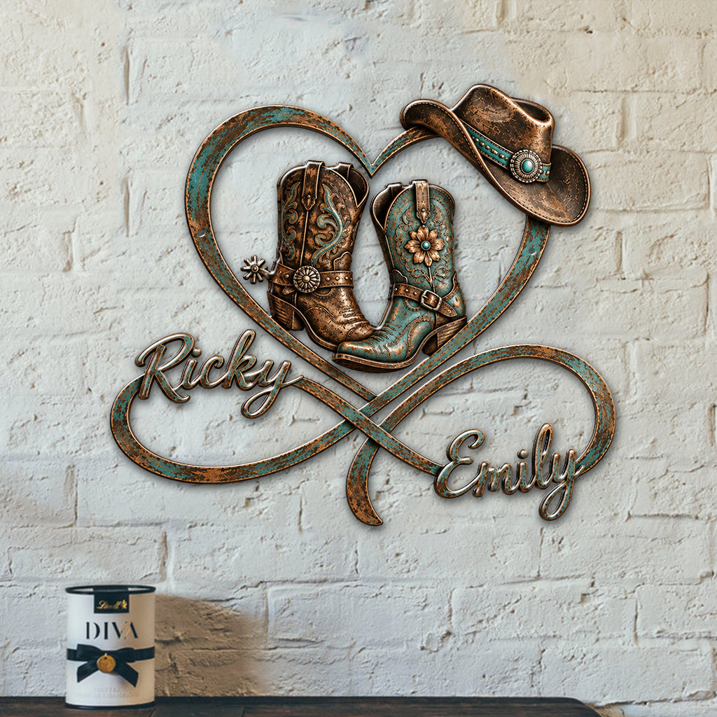 Cowboy & Cowgirl Couple Bedroom Decor, Farmhouse Decor - Personalized Western 3D Printed Cut Metal Sign