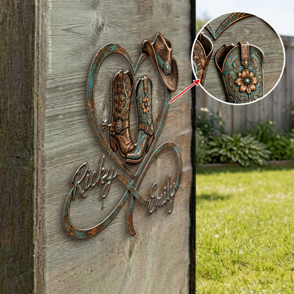 Cowboy & Cowgirl Couple Bedroom Decor, Farmhouse Decor - Personalized Western 3D Printed Cut Metal Sign