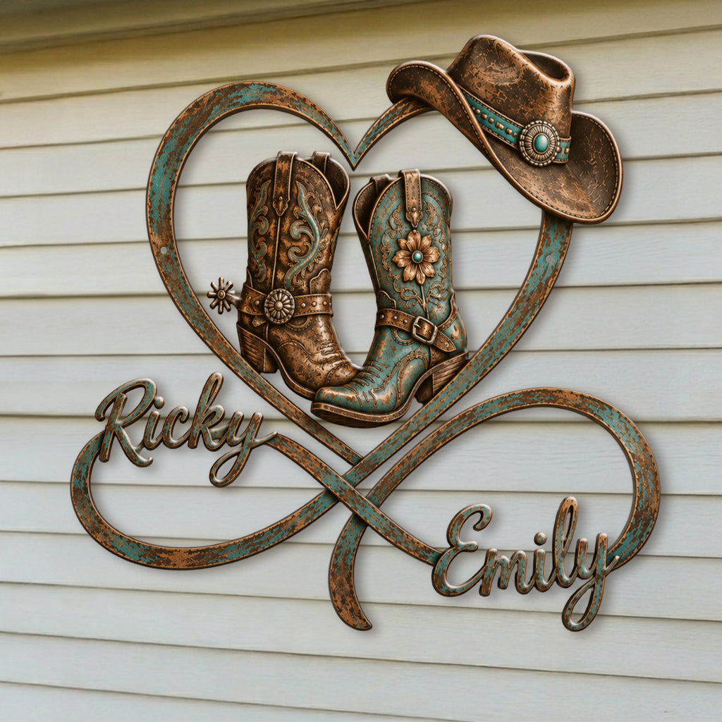 Cowboy & Cowgirl Couple Bedroom Decor, Farmhouse Decor - Personalized Western 3D Printed Cut Metal Sign