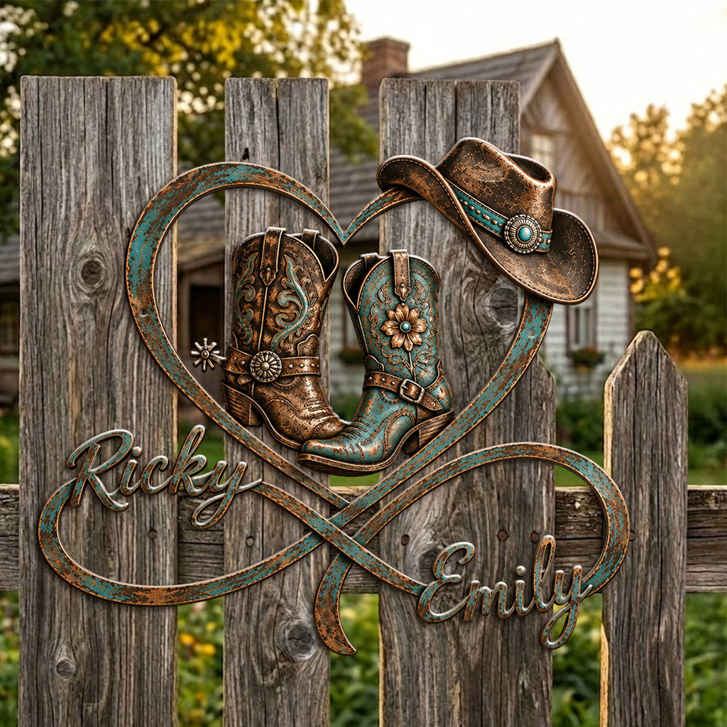 Cowboy & Cowgirl Couple Bedroom Decor, Farmhouse Decor - Personalized Western 3D Printed Cut Metal Sign