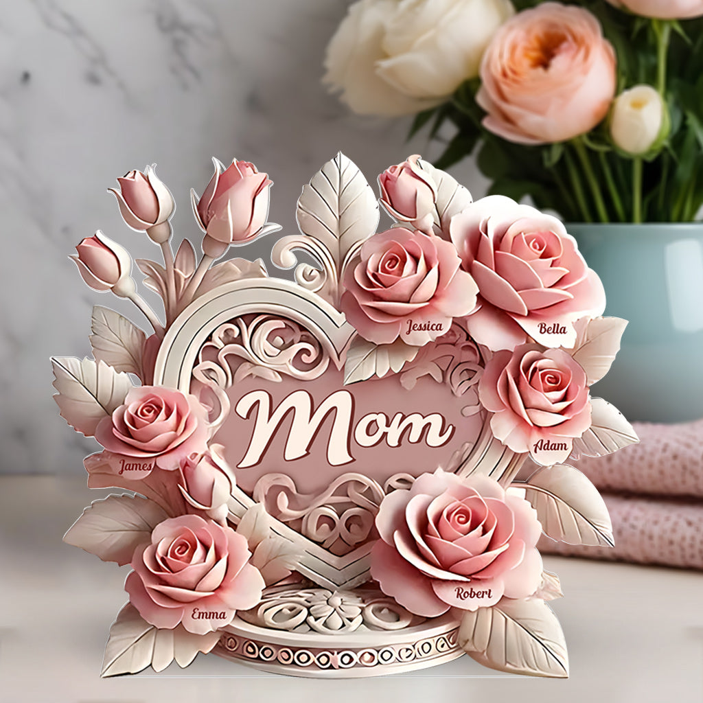 Pink Roses Heart - Personalized Mother Custom Shaped Acrylic Plaque