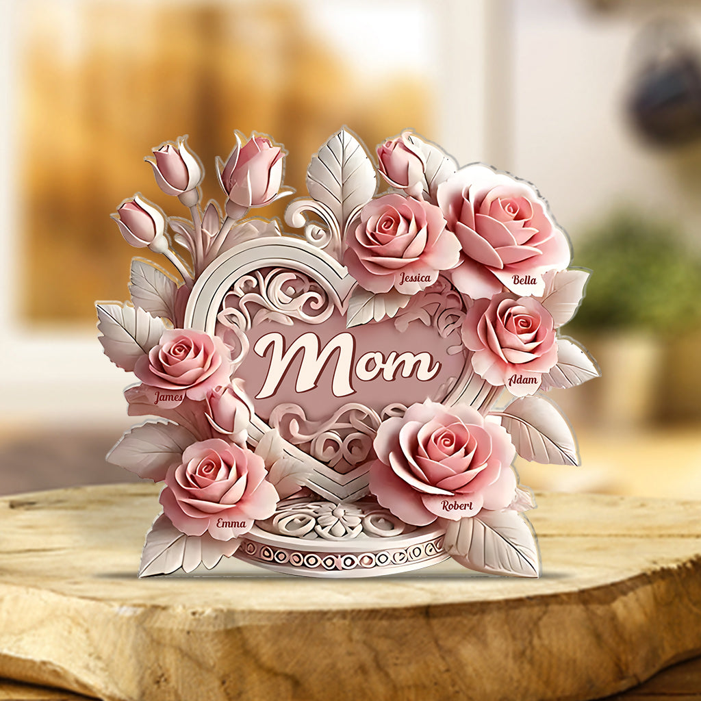 Pink Roses Heart - Personalized Mother Custom Shaped Acrylic Plaque