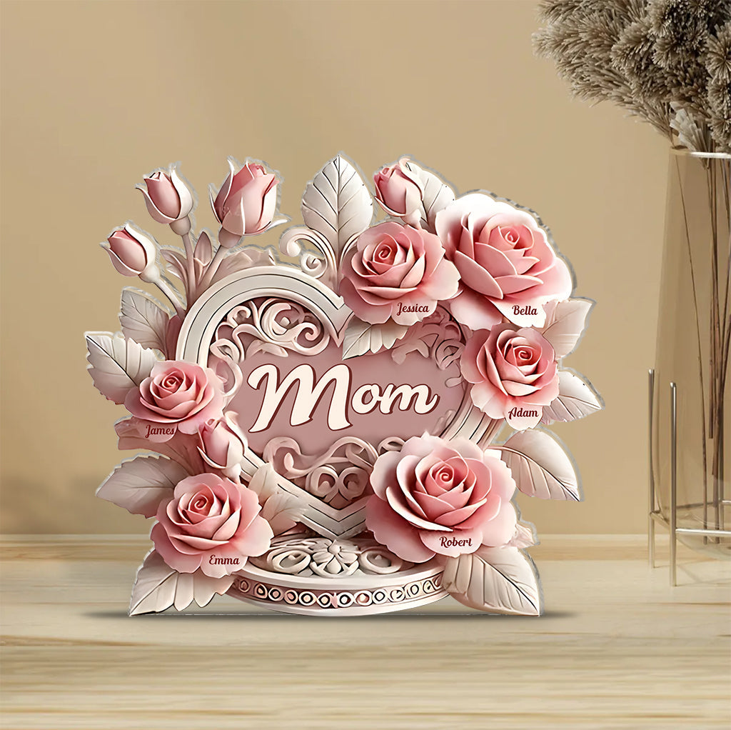 Pink Roses Heart - Personalized Mother Custom Shaped Acrylic Plaque