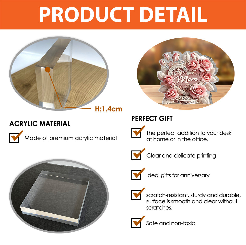 Pink Roses Heart - Personalized Mother Custom Shaped Acrylic Plaque