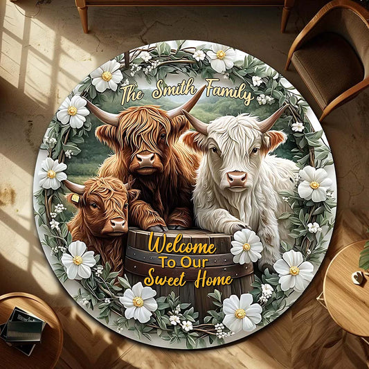 Welcome To Our Sweet Home - Personalized Highland Cow Round Rug