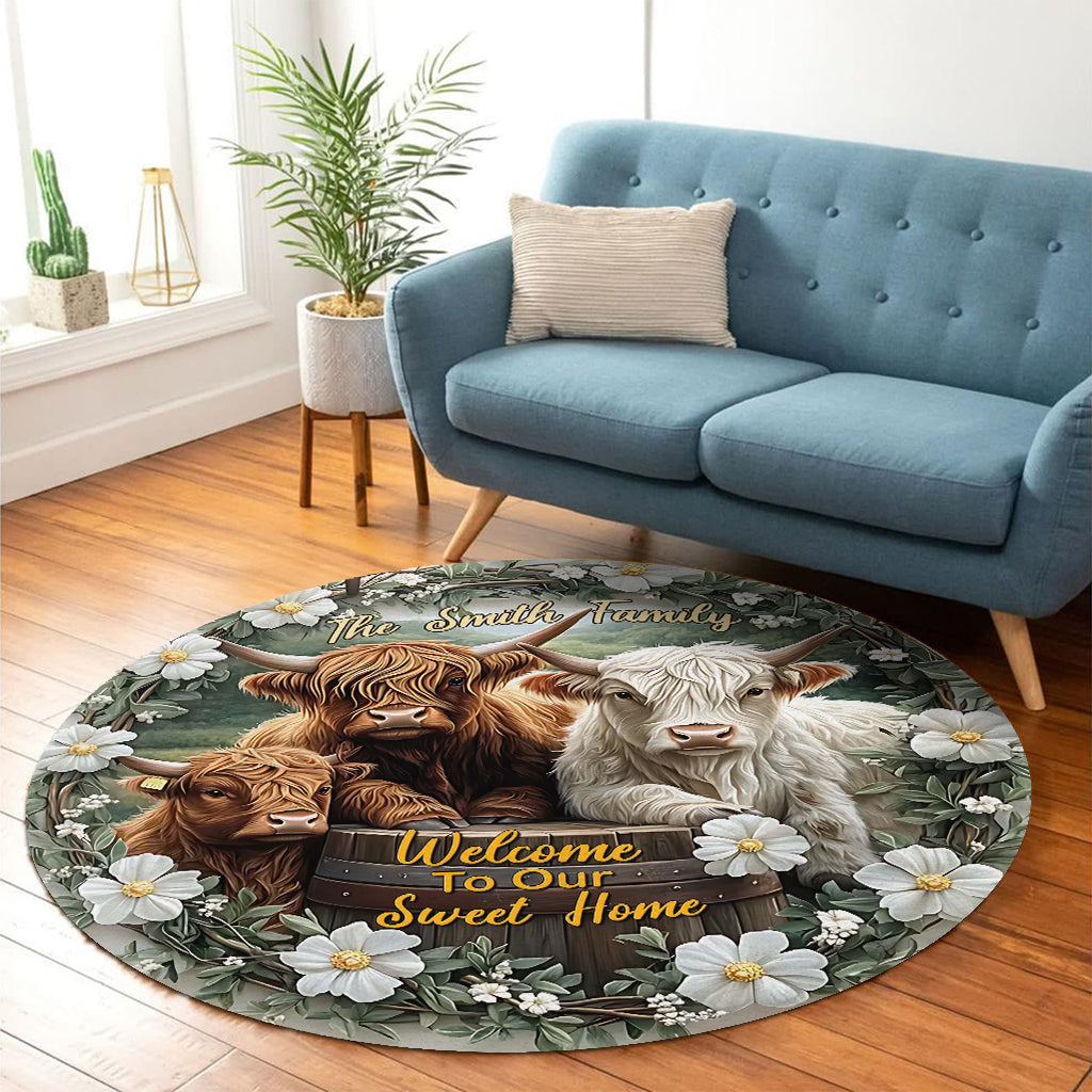 Welcome To Our Sweet Home - Personalized Highland Cow Round Rug