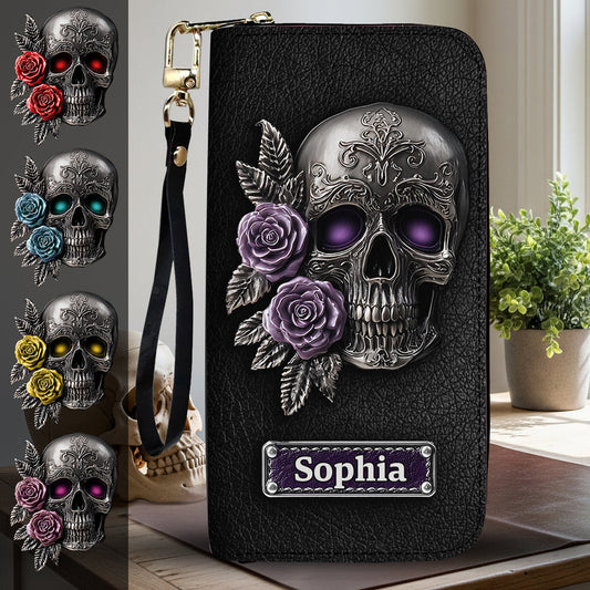 Skull And Roses - Personalized Skull Leather Long Wallet