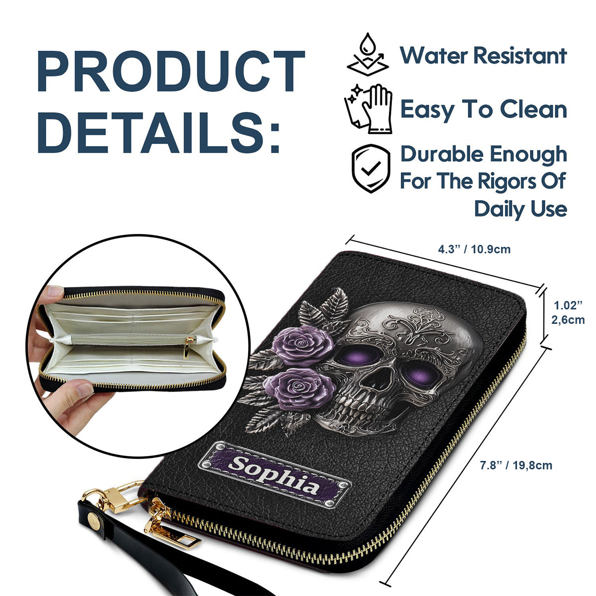 Skull And Roses - Personalized Skull Leather Long Wallet