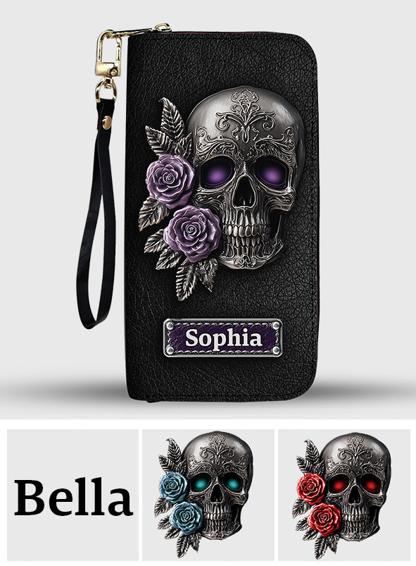 Skull And Roses - Personalized Skull Leather Long Wallet