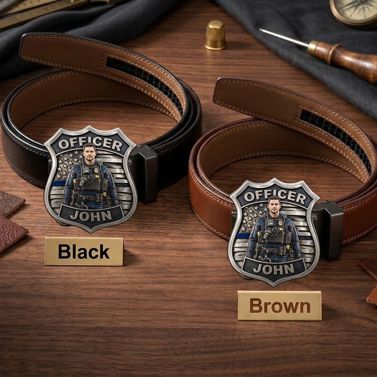 Proud Police - Personalized Police Officer Leather Belt With Shaped Buckle