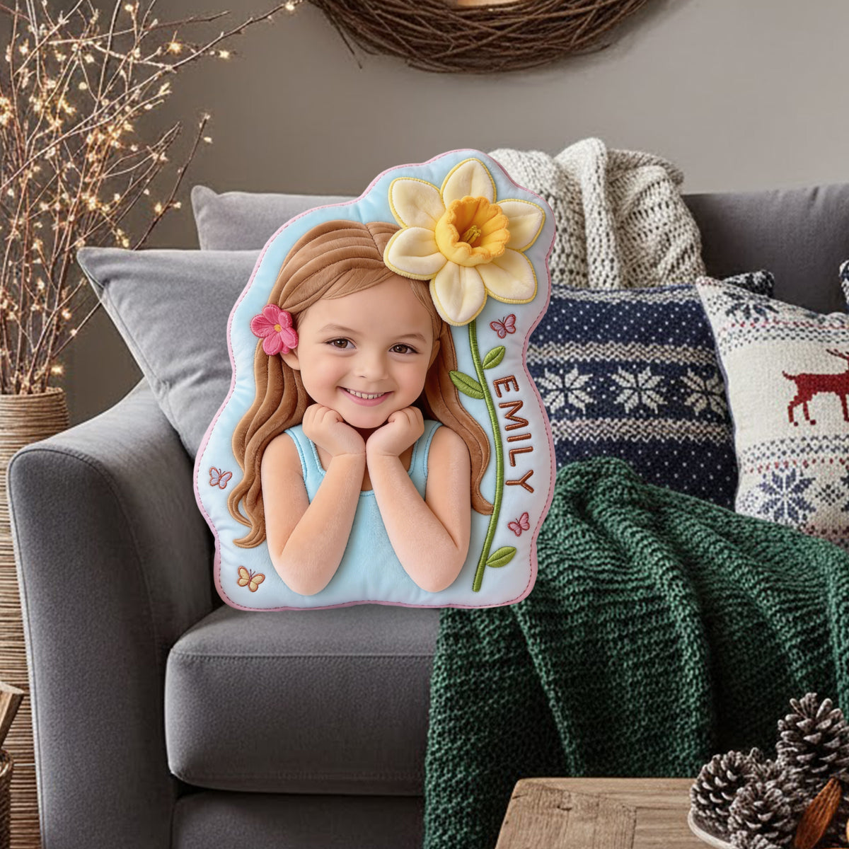 Birth Flower - Personalized Kid Faux Fur Shaped Pillow