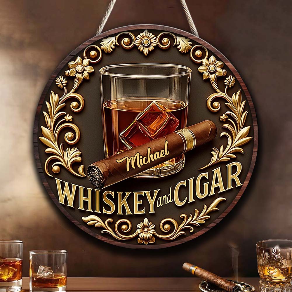 Whiskey And Cigar - Personalized Whisky Round Wood Sign