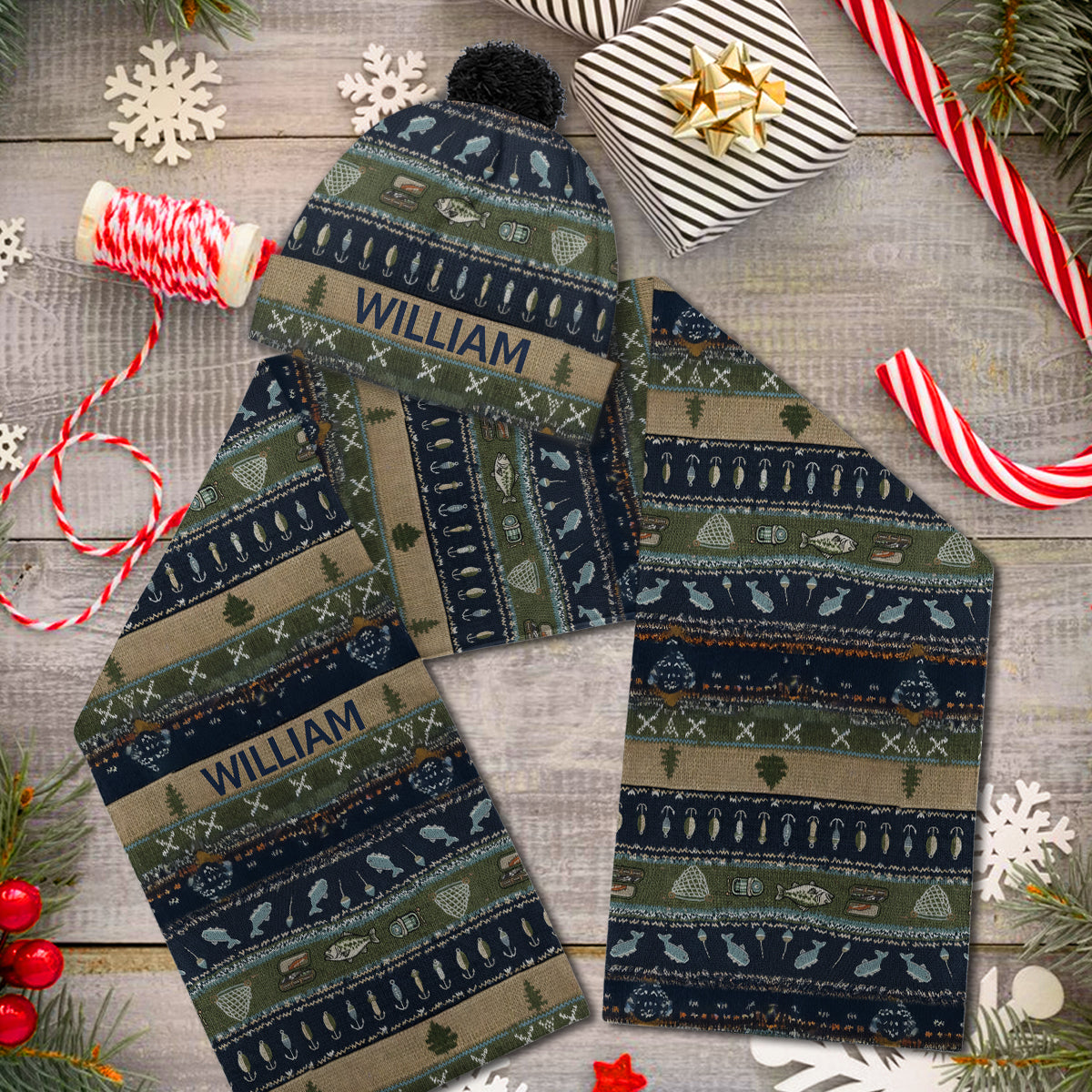 Fishing - Personalized Fishing Knitted Beanie Hat and Scarf Set