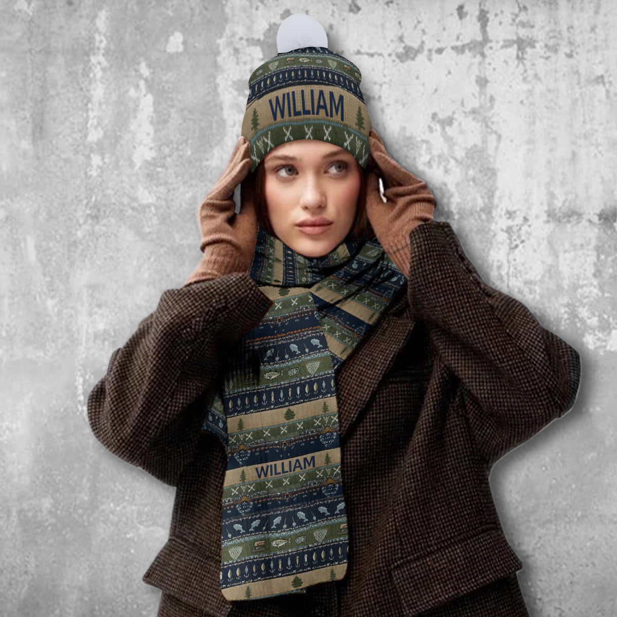 Fishing - Personalized Fishing Knitted Beanie Hat and Scarf Set