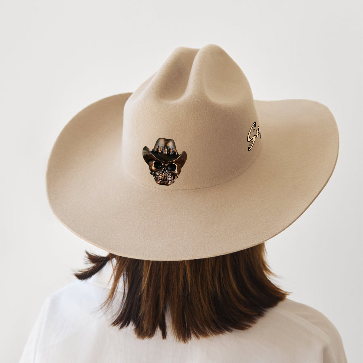 Human Skull Skeleton Head Bone, Cowboy Style - Personalized Western Outfit Wide Brim Cowboy Hat