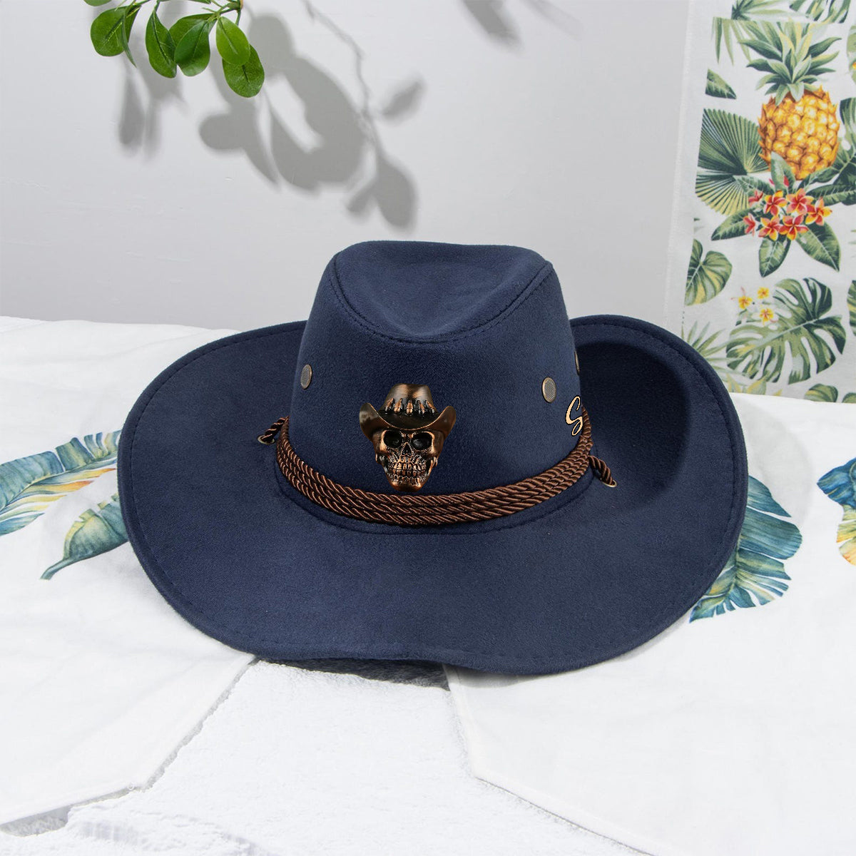 Human Skull Skeleton Head Bone, Cowboy Style - Personalized Western Outfit Wide Brim Cowboy Hat