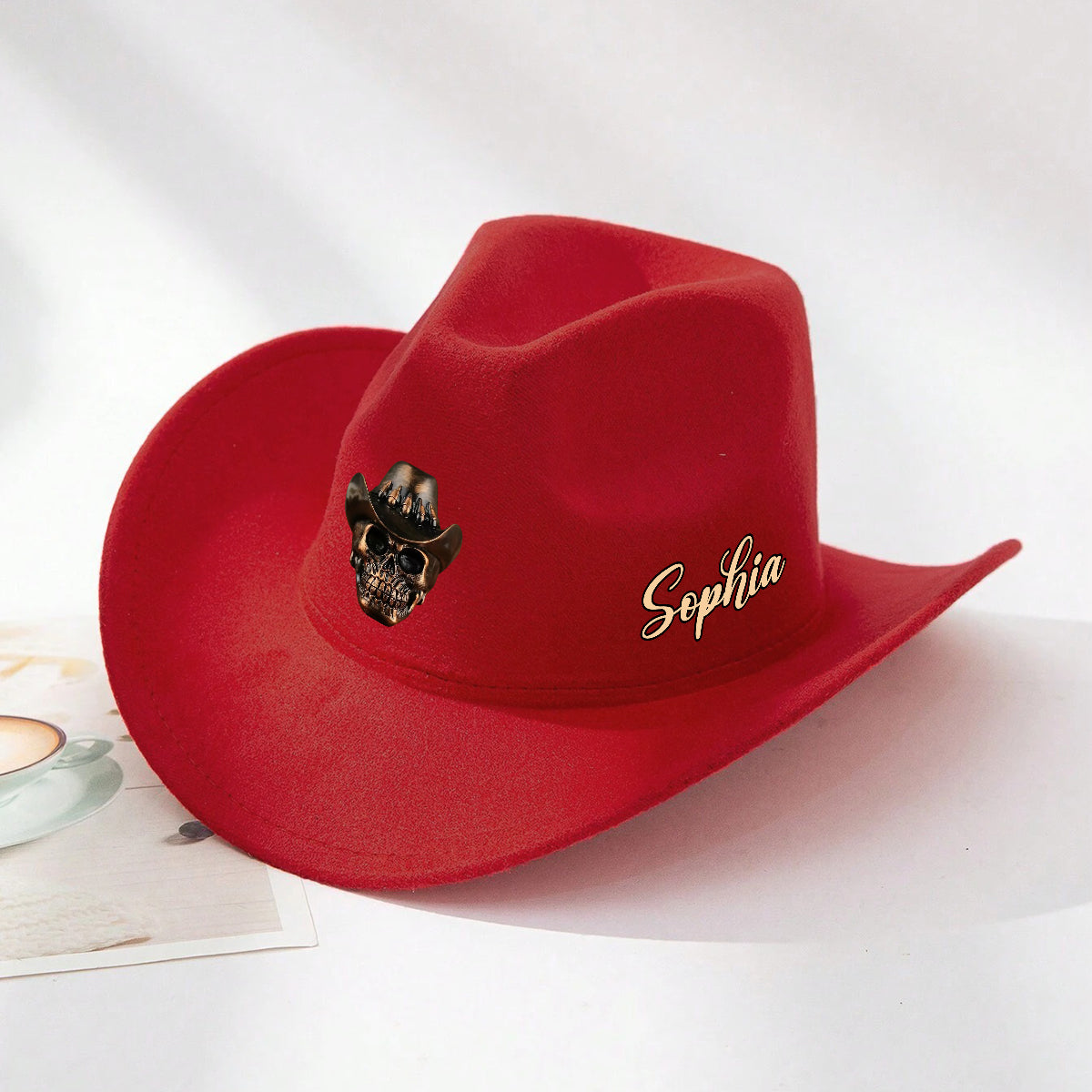 Human Skull Skeleton Head Bone, Cowboy Style - Personalized Western Outfit Wide Brim Cowboy Hat