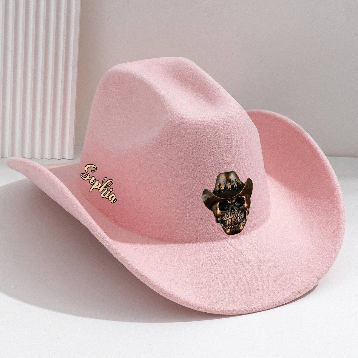 Human Skull Skeleton Head Bone, Cowboy Style - Personalized Western Outfit Wide Brim Cowboy Hat