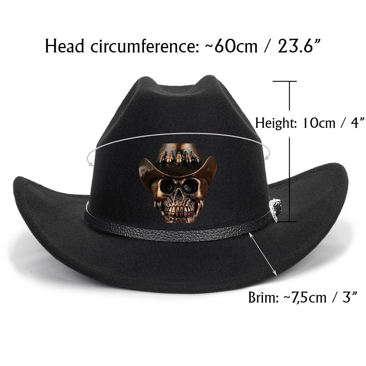 Human Skull Skeleton Head Bone, Cowboy Style - Personalized Western Outfit Wide Brim Cowboy Hat