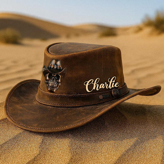 Human Skull Skeleton Head Bone, Cowboy Style - Personalized Western Outfit Wide Brim Cowboy Hat