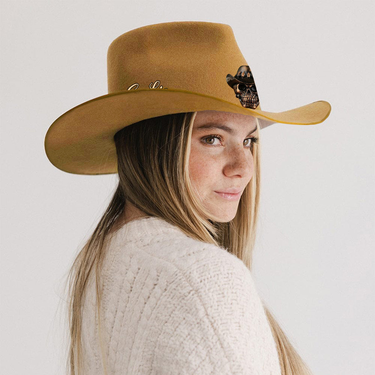 Human Skull Skeleton Head Bone, Cowboy Style - Personalized Western Outfit Wide Brim Cowboy Hat