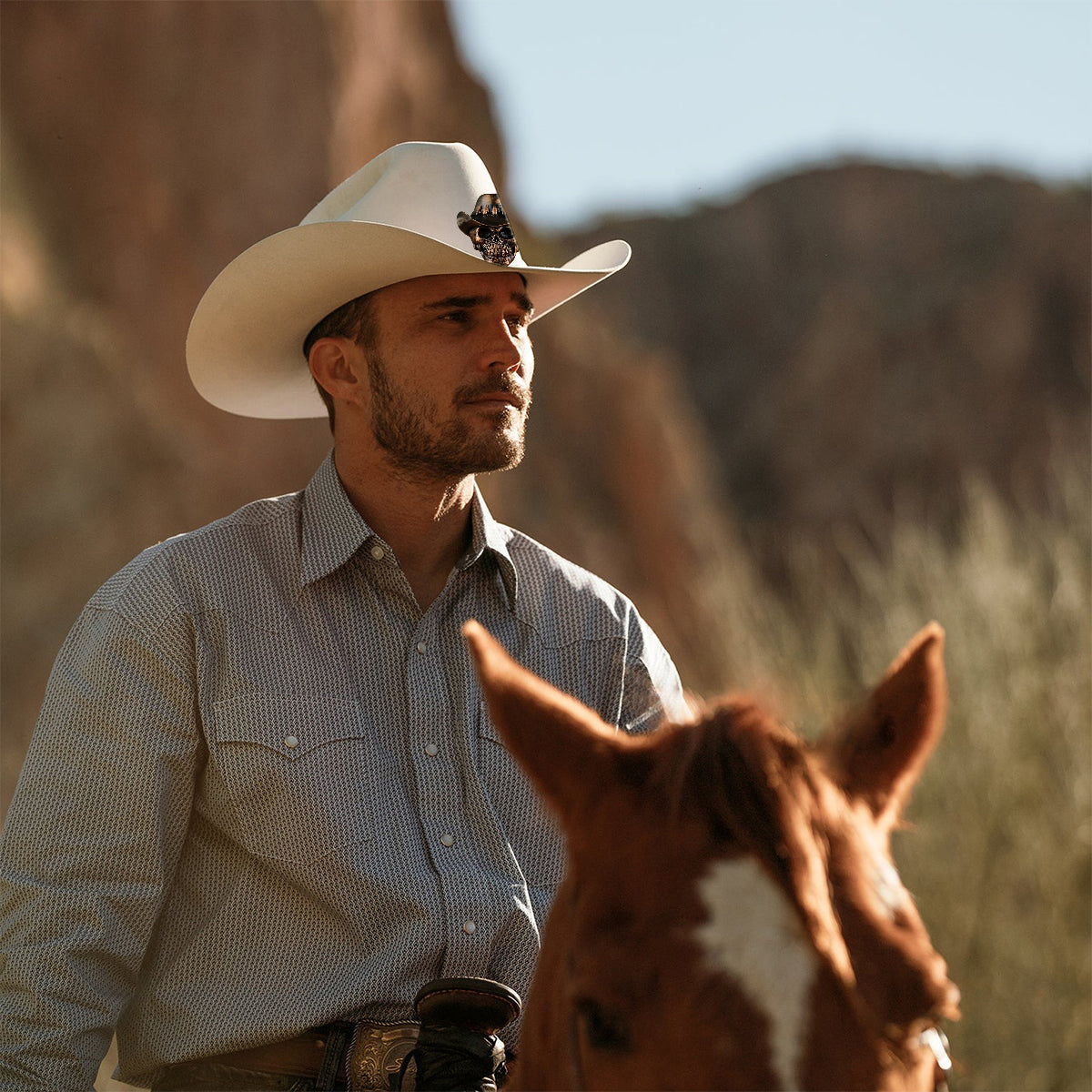 Human Skull Skeleton Head Bone, Cowboy Style - Personalized Western Outfit Wide Brim Cowboy Hat