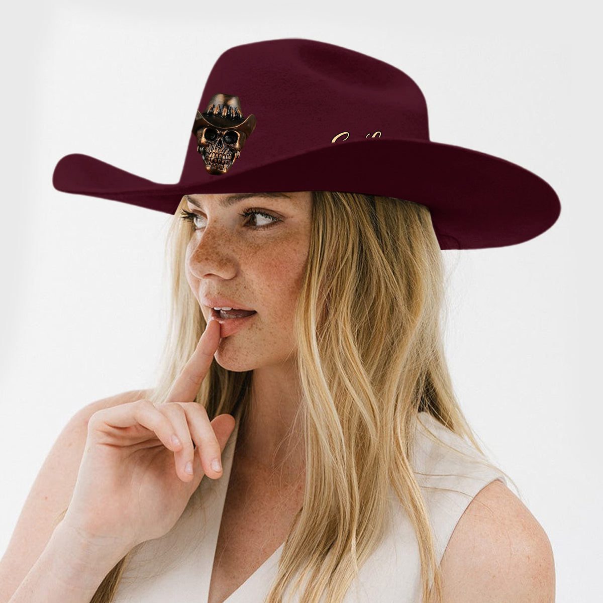 Human Skull Skeleton Head Bone, Cowboy Style - Personalized Western Outfit Wide Brim Cowboy Hat