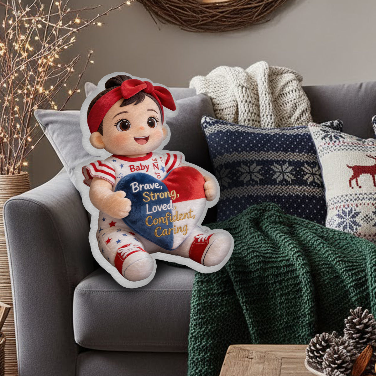 Brave, Strong, Loved - Affirmations Gift - Personalized Kid Faux Fur Shaped Pillow