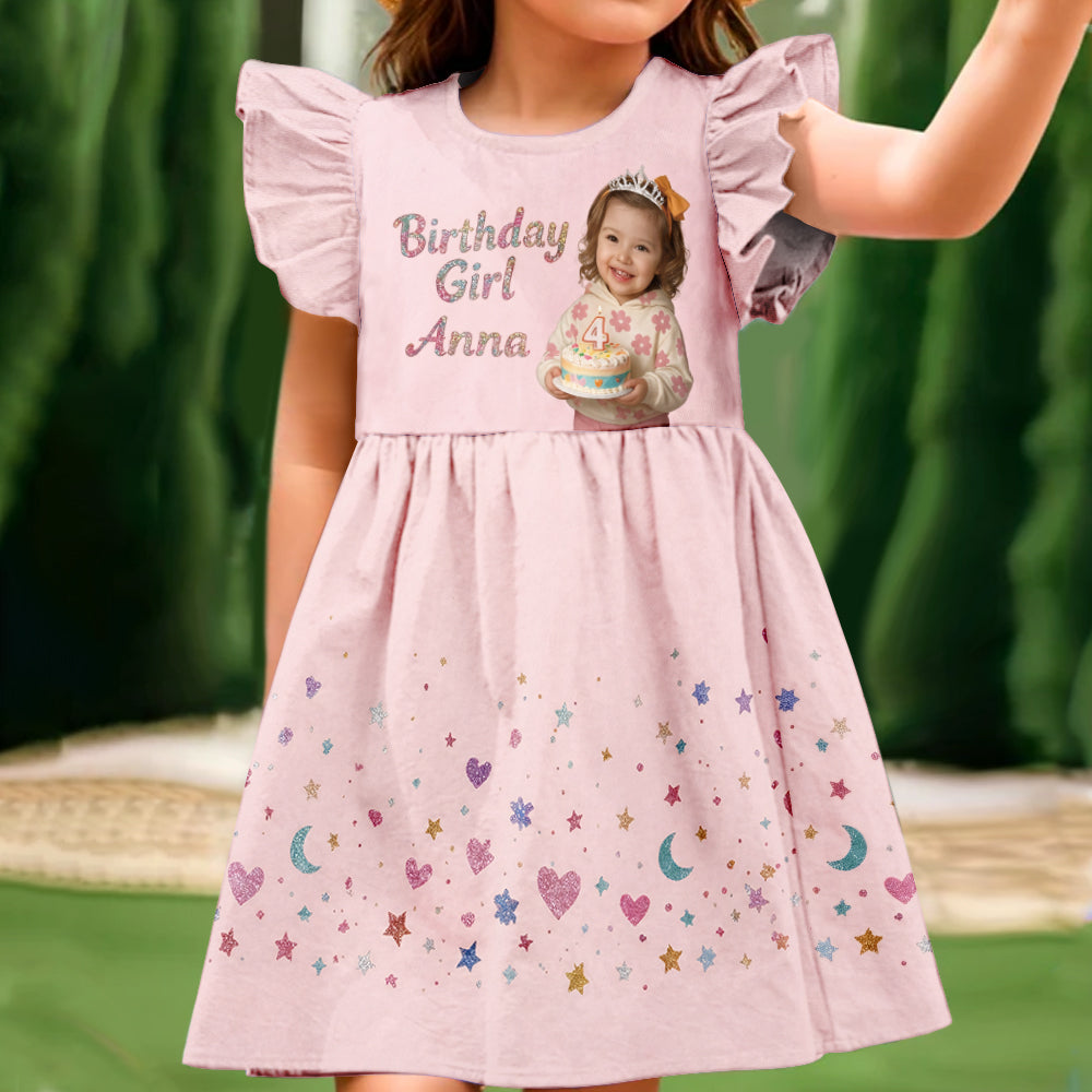 Birthday Girl Dress, Custom From Any Photo - Personalized Birthday Kid Ruffle Sleeve Dress