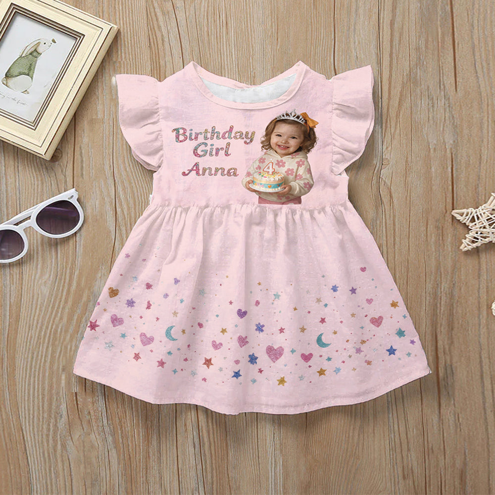 Birthday Girl Dress, Custom From Any Photo - Personalized Birthday Kid Ruffle Sleeve Dress
