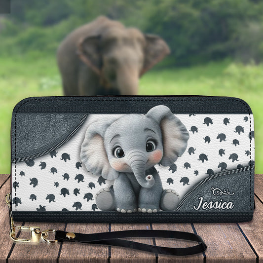 Cute Baby Elephant - Personalized Elephant Leather Long Wallet