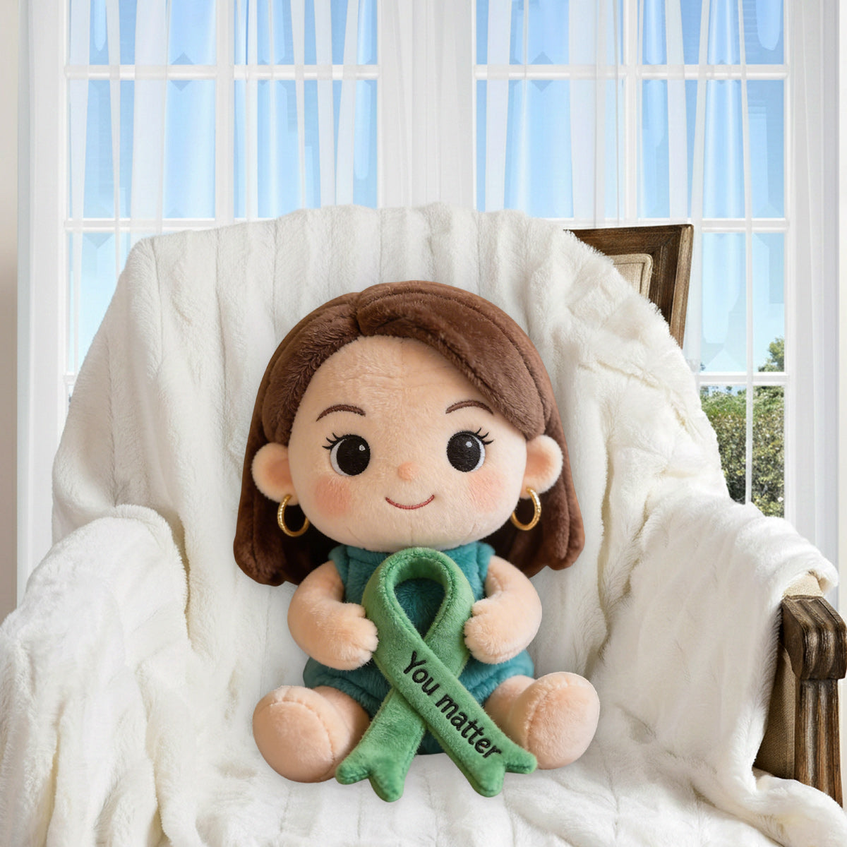 Never Give Up Green Ribbon - Personalized Mental Health Awareness Premium Faux Fur Pillow