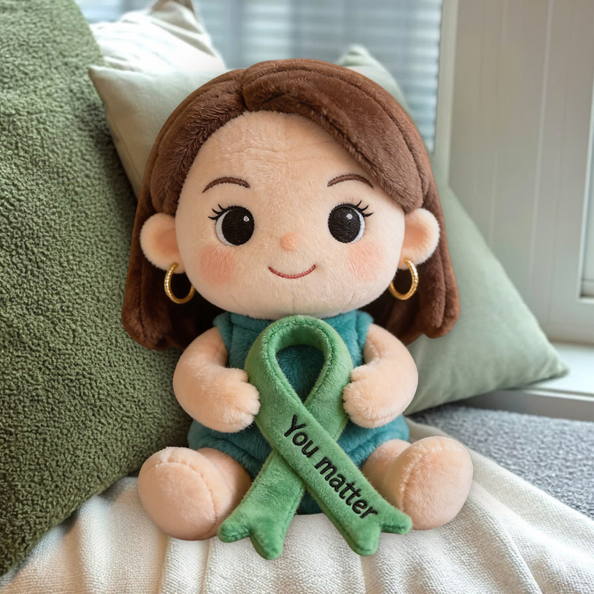 Never Give Up Green Ribbon - Personalized Mental Health Awareness Premium Faux Fur Pillow