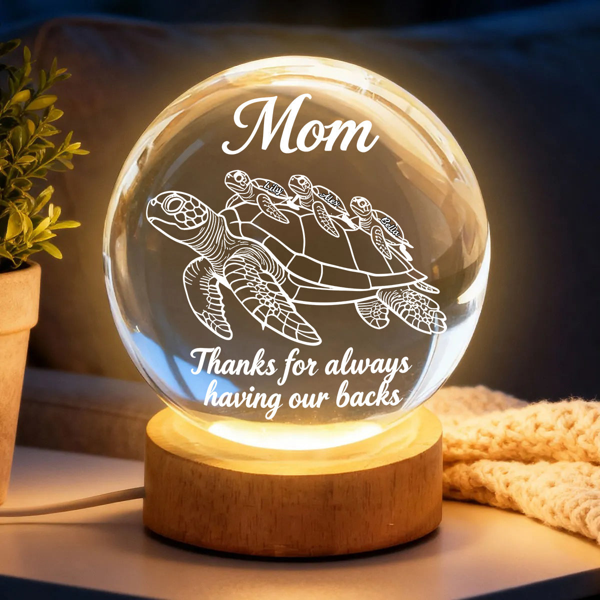 Thanks for Always Having Our Backs - Personalized Turtle Crystal Ball Night Light
