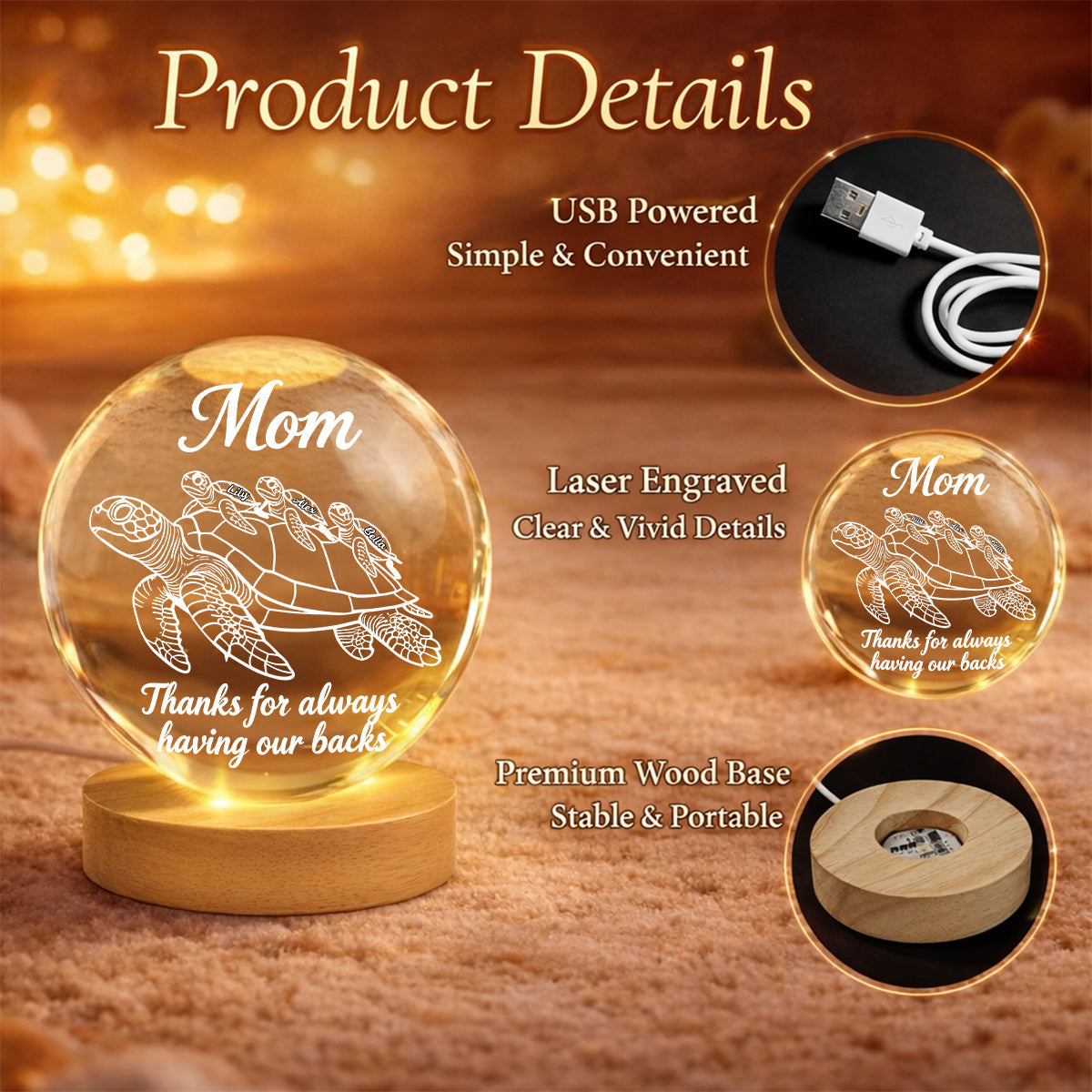 Thanks for Always Having Our Backs - Personalized Turtle Crystal Ball Night Light