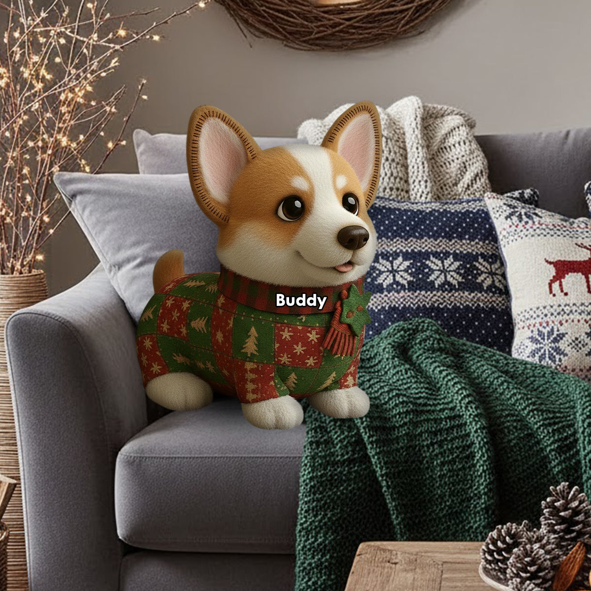 Dog Christmas Quilt - Personalized Dog Faux Fur Shaped Pillow