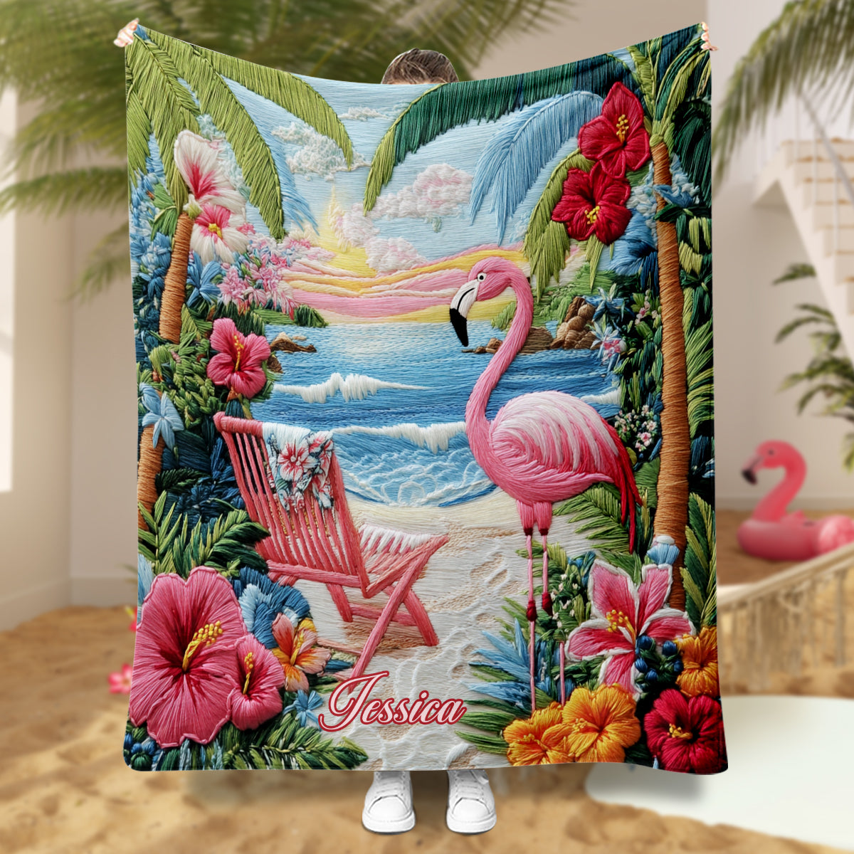 Flamingo Tropic Vibes - Personalized Flamingo Blanket