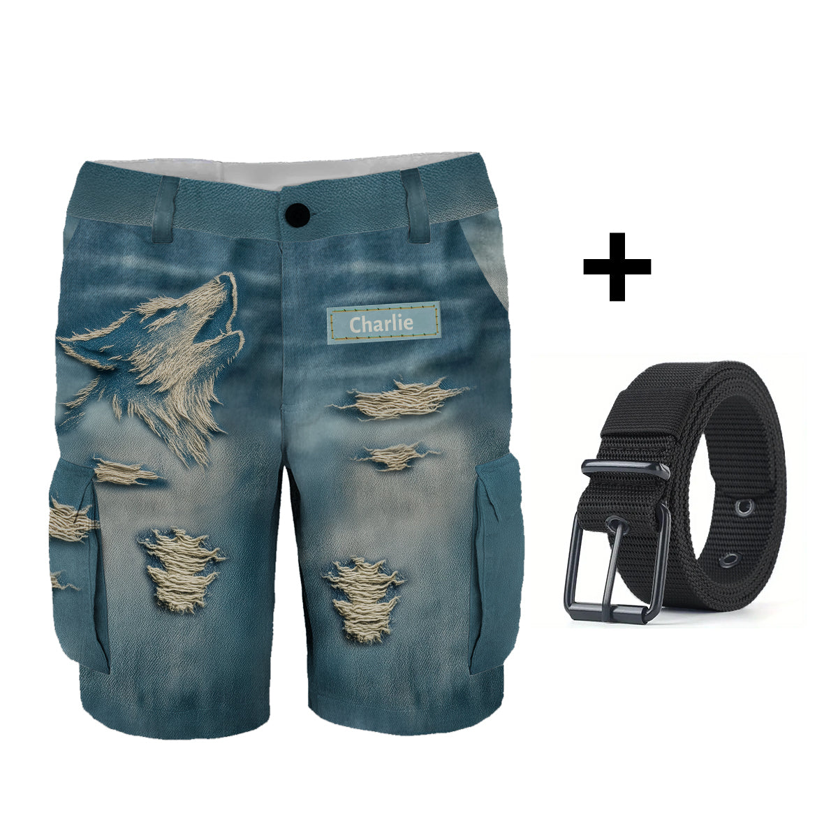 Cool Distressed Howling Wolf - Personalized Wolf Cargo Shorts With Belt