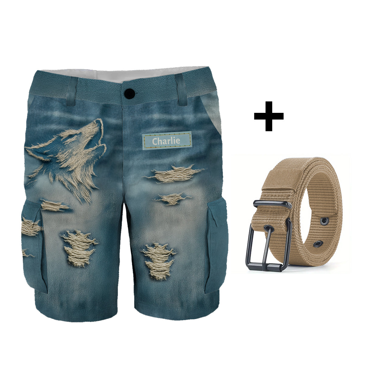 Cool Distressed Howling Wolf - Personalized Wolf Cargo Shorts With Belt