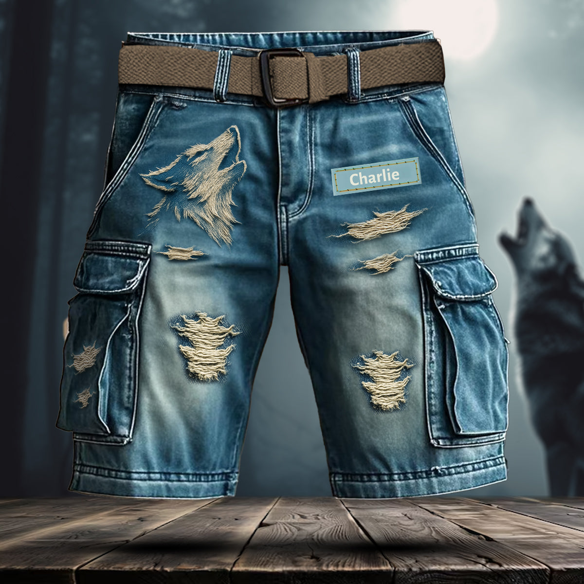 Cool Distressed Howling Wolf - Personalized Wolf Cargo Shorts With Belt