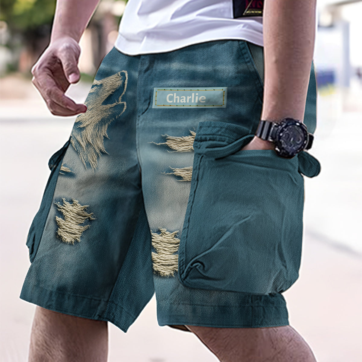 Cool Distressed Howling Wolf - Personalized Wolf Cargo Shorts With Belt