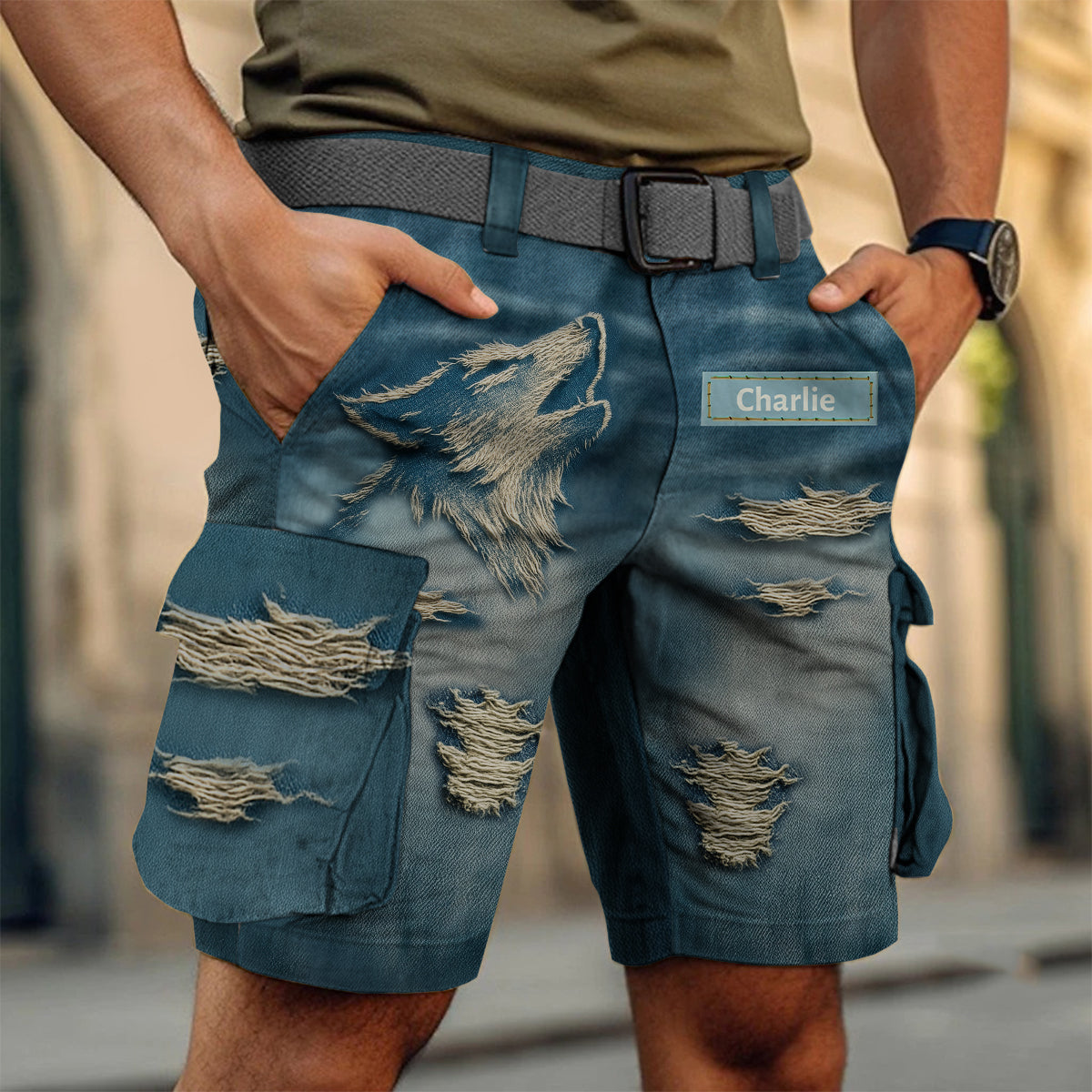 Cool Distressed Howling Wolf - Personalized Wolf Cargo Shorts With Belt