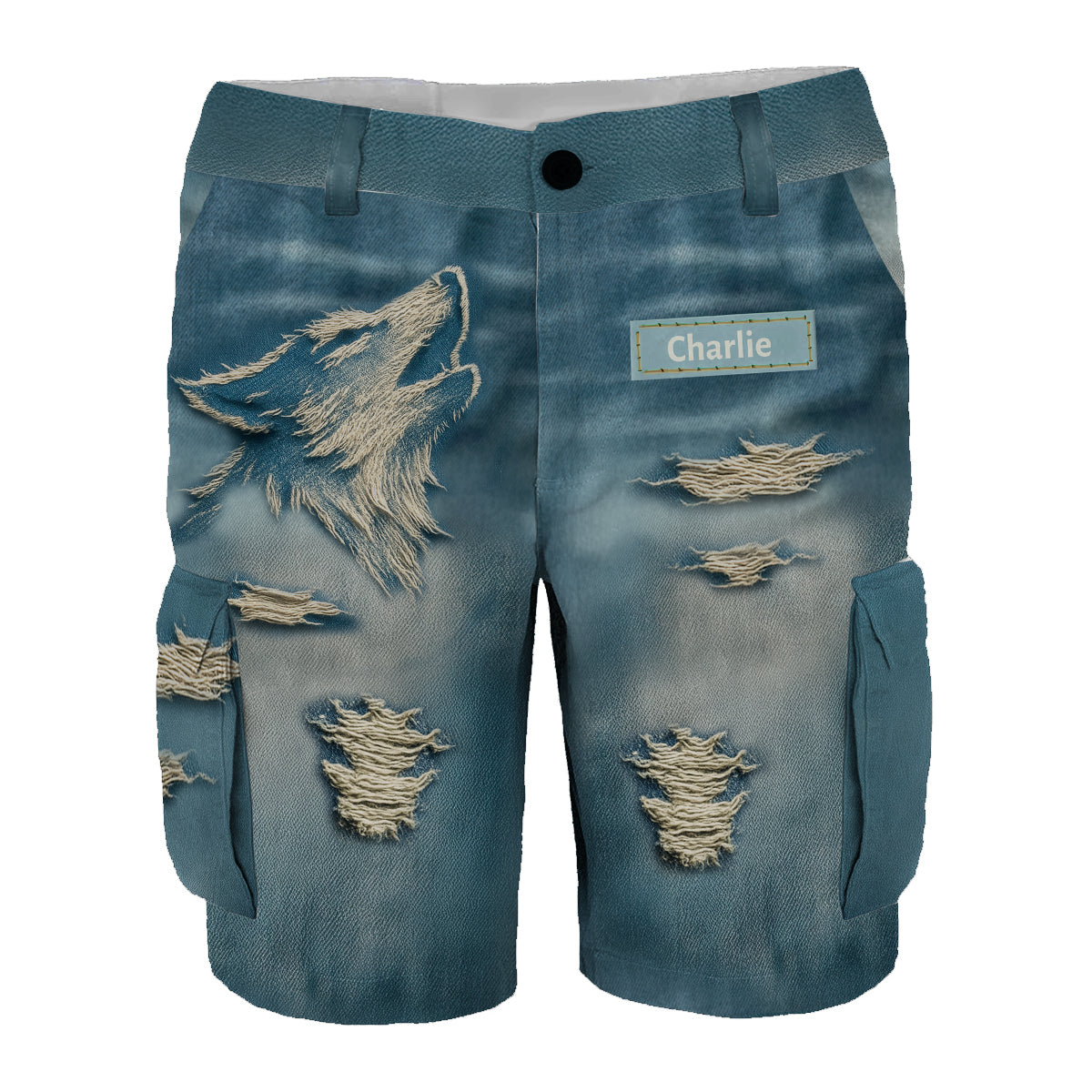 Cool Distressed Howling Wolf - Personalized Wolf Cargo Shorts With Belt