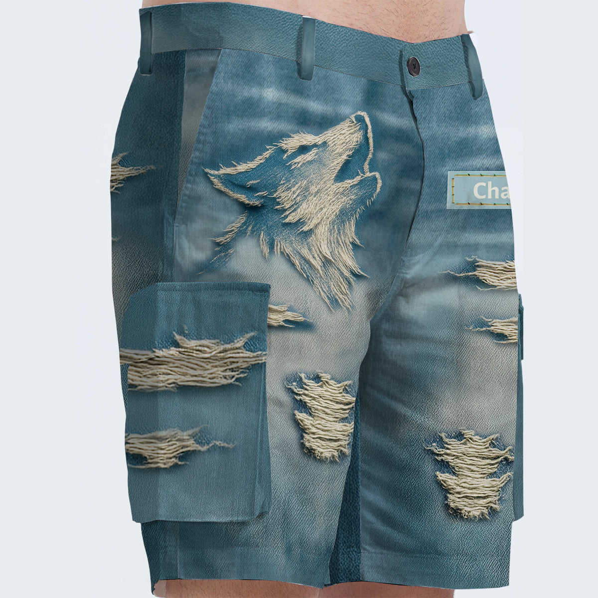 Cool Distressed Howling Wolf - Personalized Wolf Cargo Shorts With Belt