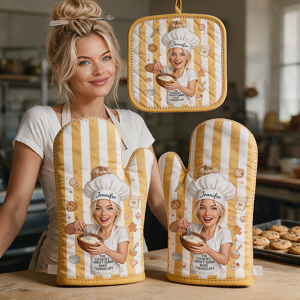 Baking Cookies - Personalized Baking Oven Mitts & Pot Holder Set
