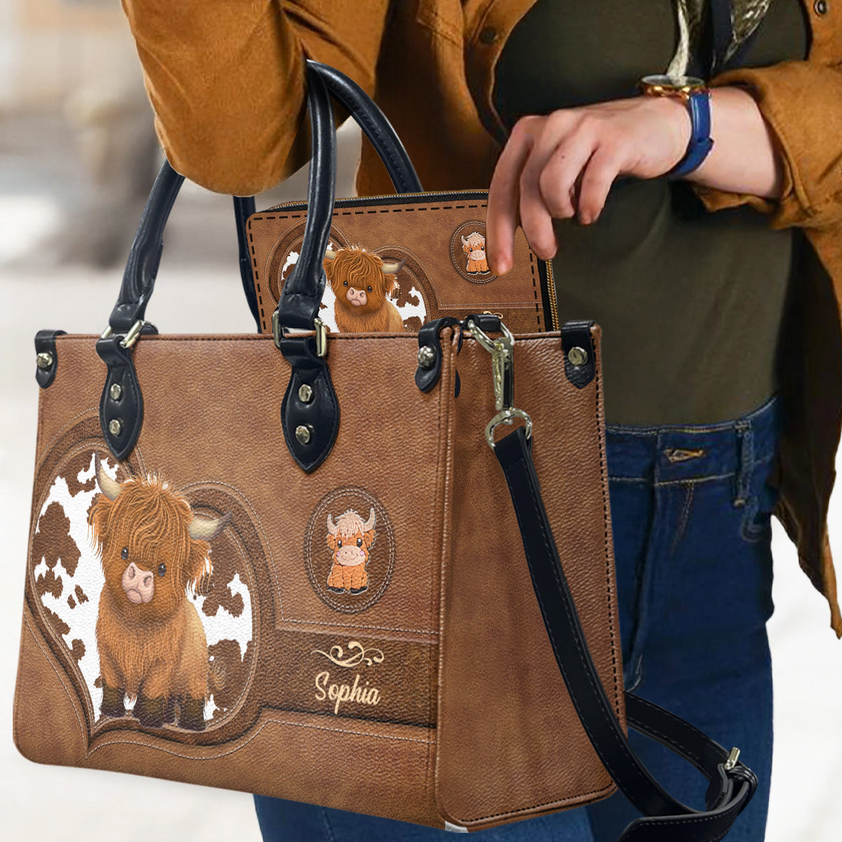 Love Highland Cow - Personalized Highland Cow Leather Handbag & Leather Long Wallet