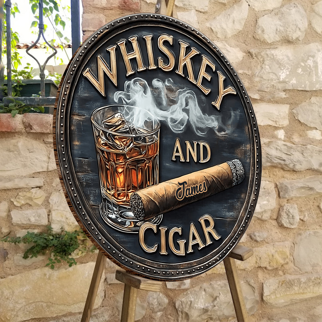 Whiskey And Cigar - Personalized Whisky Round Wood Sign