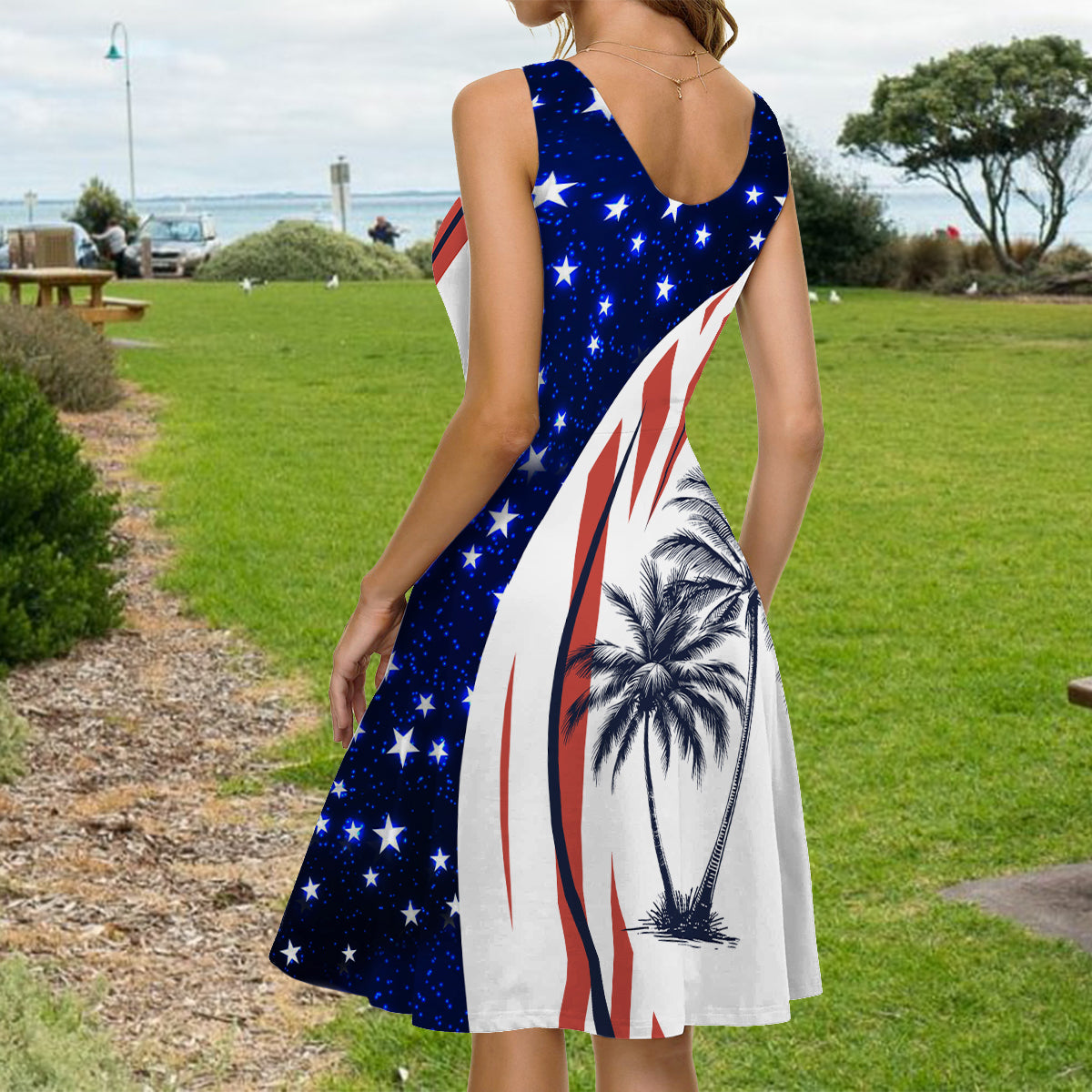 Patriotic American Flag Coconut Tree Print Matching Hawaii Beach Outfit For Couples - Personalized Couple Hawaiian Shirt & Sleeveless Dress
