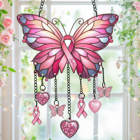 Stronger Than The Storm - Personalized Breast Cancer Awareness Window Hanging Suncatcher With Charms